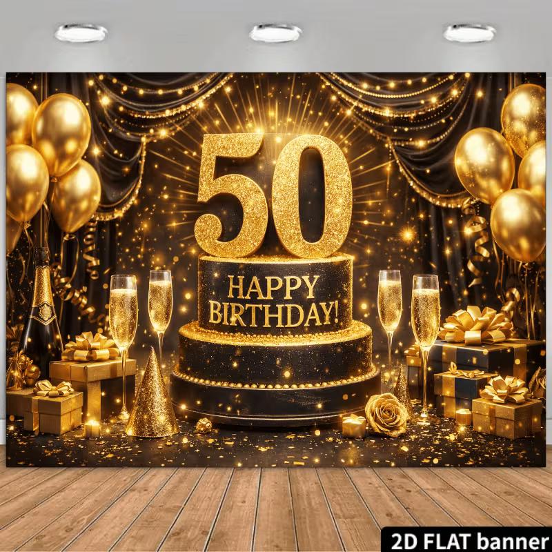 2D 50th Happy Birthday Black Gold Champagne Background Cloth 50th Birthday Party Decoration 47.2x31.5inch/120*80cm