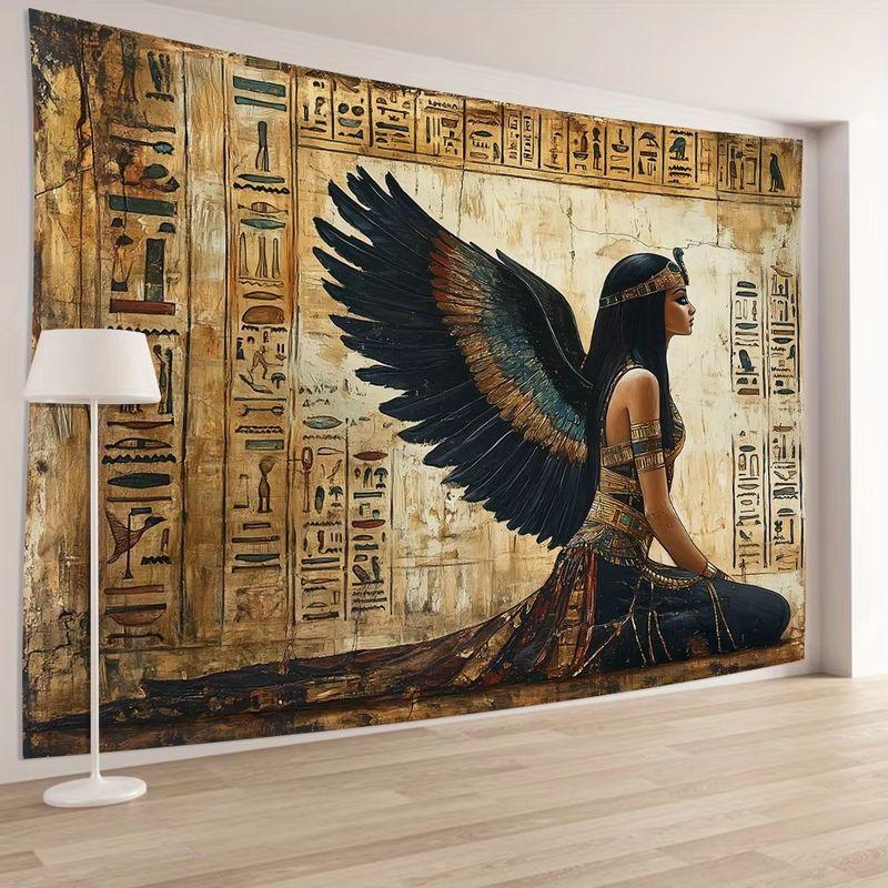 Ancient Egyptian Goddess Tapestry Hieroglyphs Winged Maat Wall Hanging Vintage Retro Decor for Bedroom Dorm