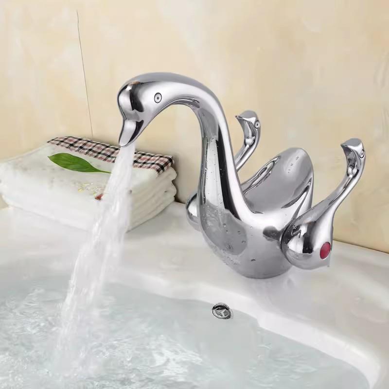 Dual Handles Gold Chrome Swan Duck Bathroom Basin Sink Mixer Taps Deck Mounted Dolphin Gem Bathroom Widespread Faucet Taps