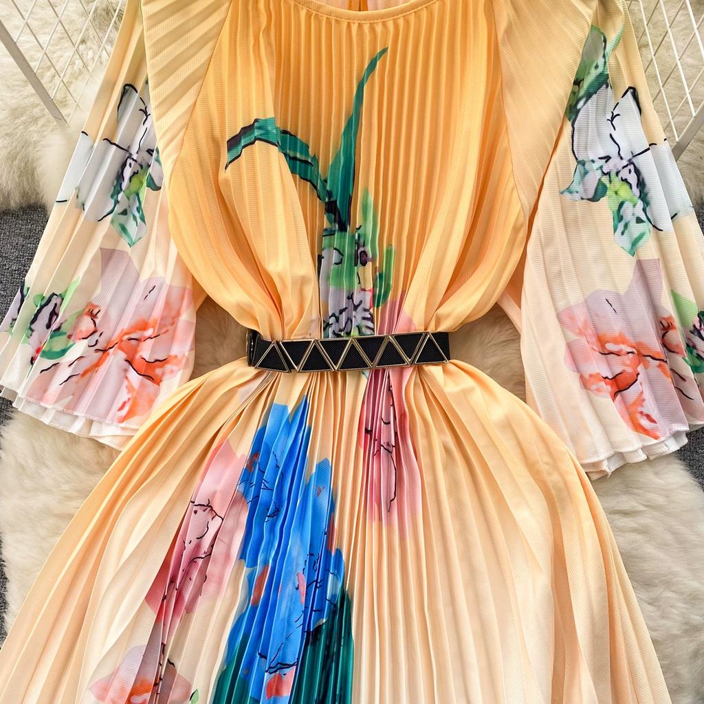 Spring Autumn Women Print Loose Pleated Dress Half Sleeve Oversized Long Maxi Robe