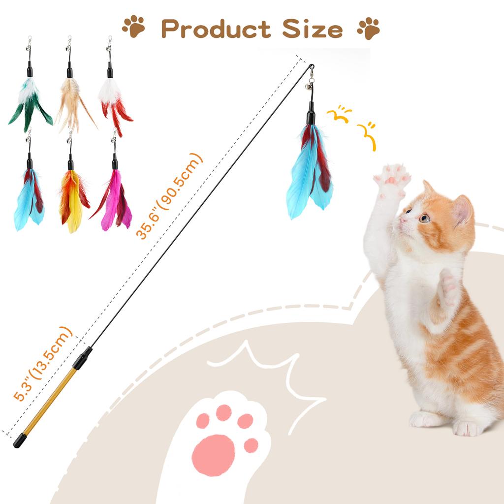 Feather Teaser Cat Toy Flying Feather Cat Catcher with Extra Long 34.5" Wand and Small Bell Fun Exerciser Playing Toy for Kitten