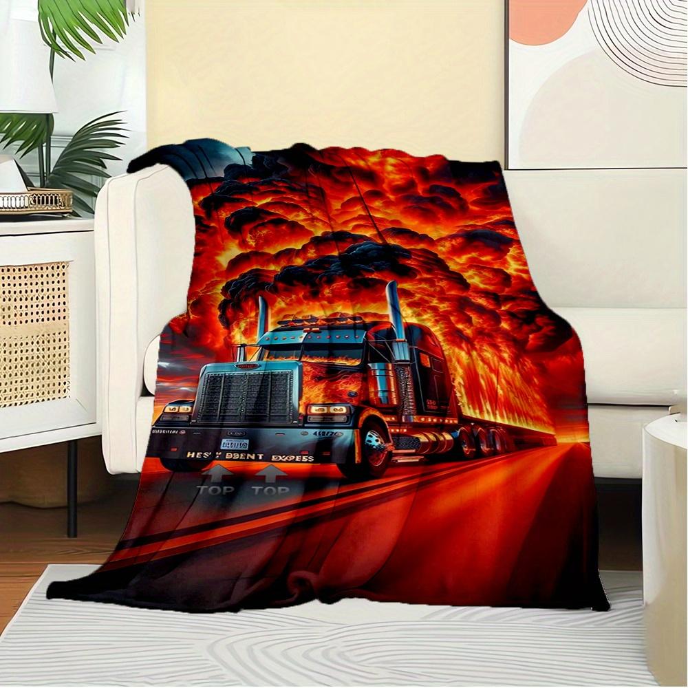 For Truck,Fire,Road-Themed Flannel Blanket, Glam Style, Digital Print, All-Season Comfort, Tear-Resistant, Knitted Craftsmanship, Polyester,