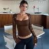 Women Fashion Square Collar Patchwork Lace Floral Print Long Sleeve Sexy Crop T-Shirt Sheer Summer Clothes Party Club