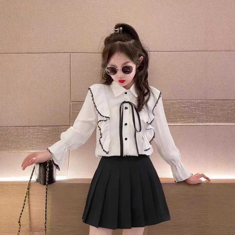 Dívčí košile s dlouhým rukávem Jaro Podzim Šifonové Bílé Tričko Knoflíkový Kardigan Klopový T-shirt pro Studentskou Uniformu Topy