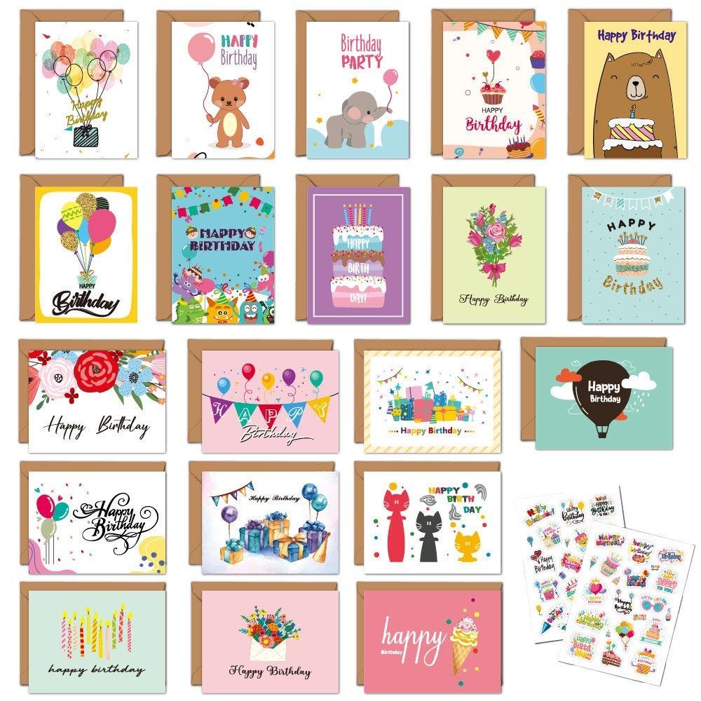 20PCS Mixed Pattern Birthday Greeting Cards Cartoon Paper Birthday Postcards with Envelopes with Stickers Happy Birthday Card