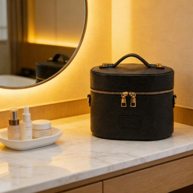 PU Leather Toiletry Organizer Bag Makeup Case with Carrying Handle And Zippered Cover Design for Cosmetic Storage Use