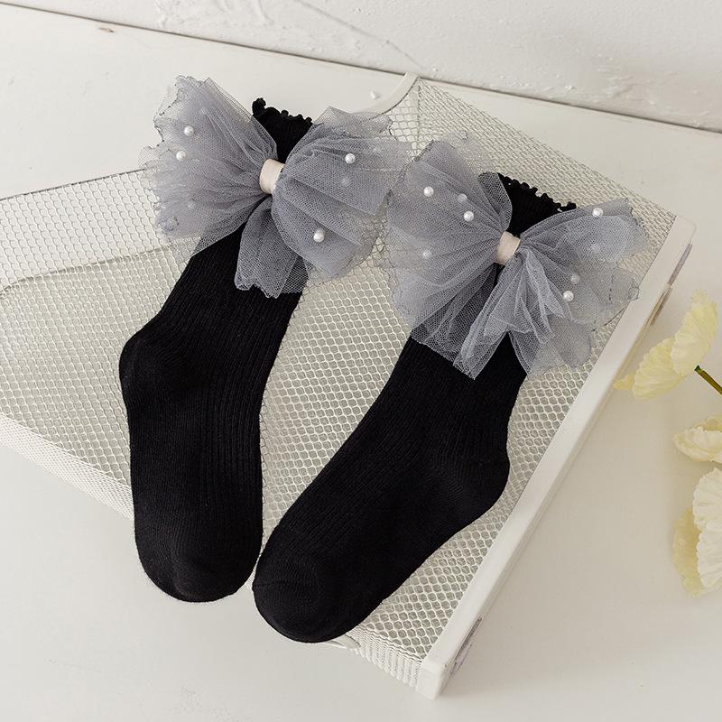 Girls' Ruffled Cotton Socks with Pearls and Bows
