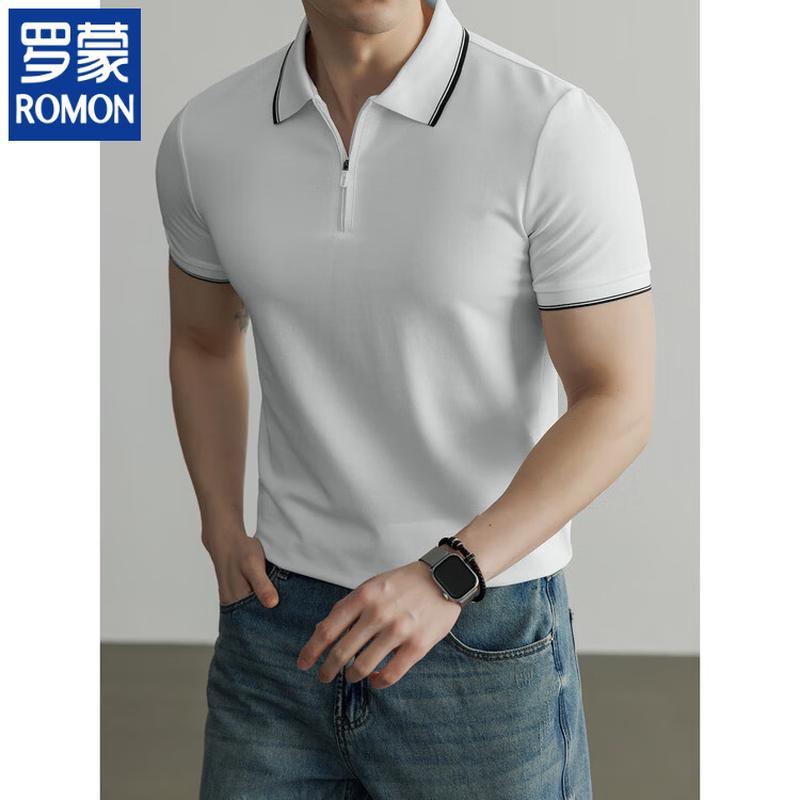 ROMON Men s Short Sleeve Zippered Polo Shirt M
