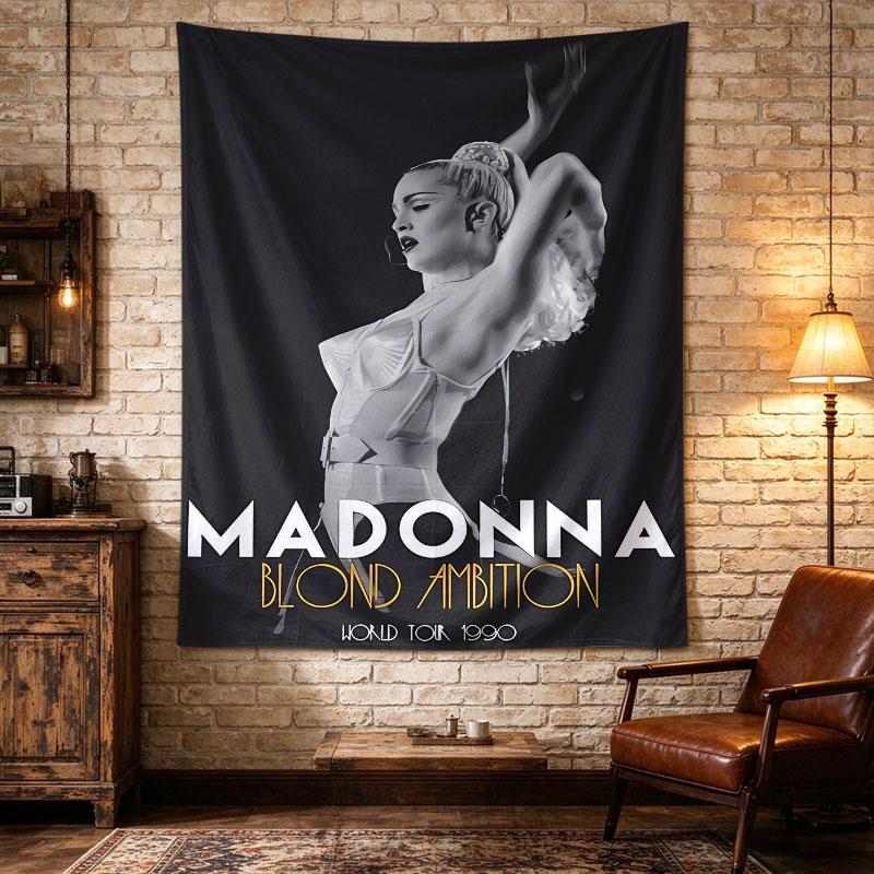 Madonna Blond Ambition poster shows her in a white cone-bra corset arms raised, hair in a high bun, 1990 tour type Room Decor Accent