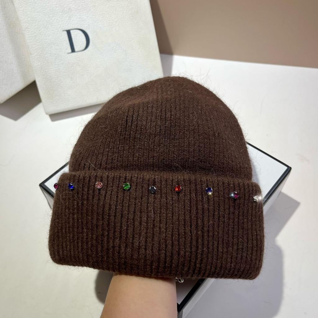 Russian Winter Warm Rabbit Hair Knitted Hat Celebrity Light Luxury Small Diamond Double Fold Wool Hat Women'S Outdoor Windproof