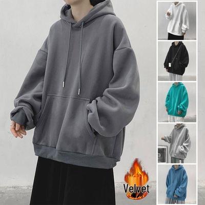 Men's Korean Style Hooded Sweatshirt - Autumn/Winter Solid Color Loose Fit Hoodie with Plus Velvet
