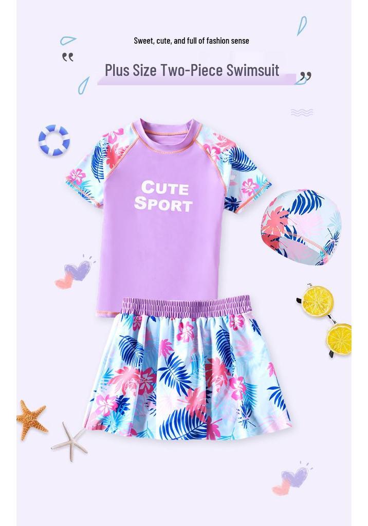 Girls' Plus Size Two-Piece Short-Sleeve Swimsuit - Extra Large, Quick-Drying Swimwear for Kids