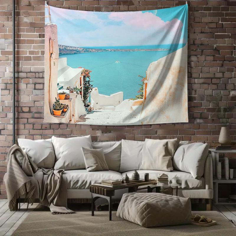 Mediterranean Wall Tapestry Ocean View Greek Island Decor Coastal Home Decor Aesthetic Room Hanging Vintage Wall Art Bedroom Liv