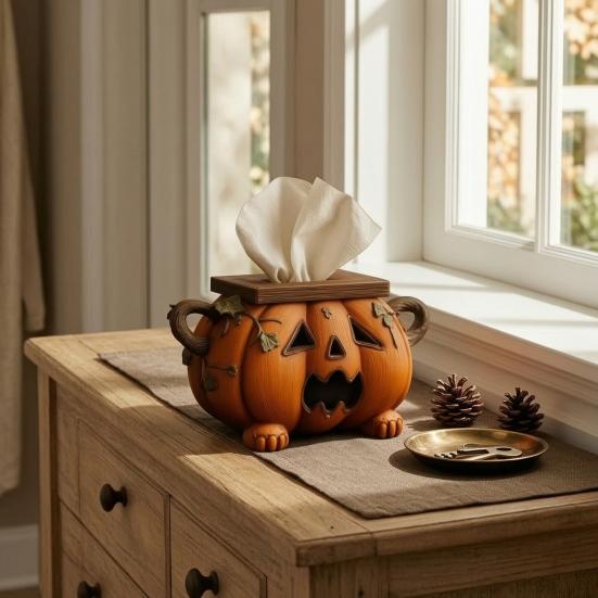 Novelty Home Accessory Halloween Pumpkin Tissue Box Holder, Resin Decorative Facial Funny Face Functional Fall Decoration Cover for Office