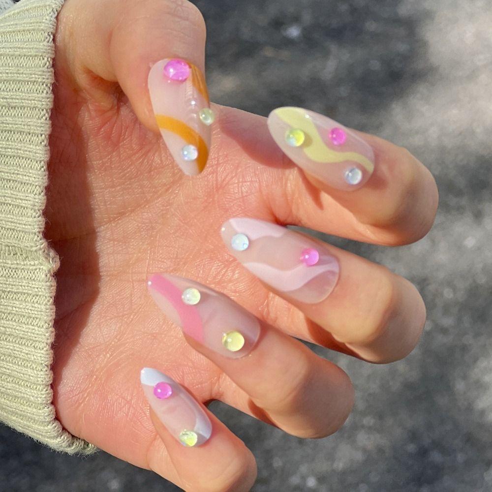 

French Fake Nials Colorful Striped Nail Tips Manicure False Nails Women