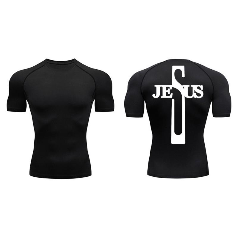 Cross Print Compression Shirt for Men Athletic Quick Dry Short Sleeve Tops Baselayer Christian Gym Workout Running T-shirts Tees