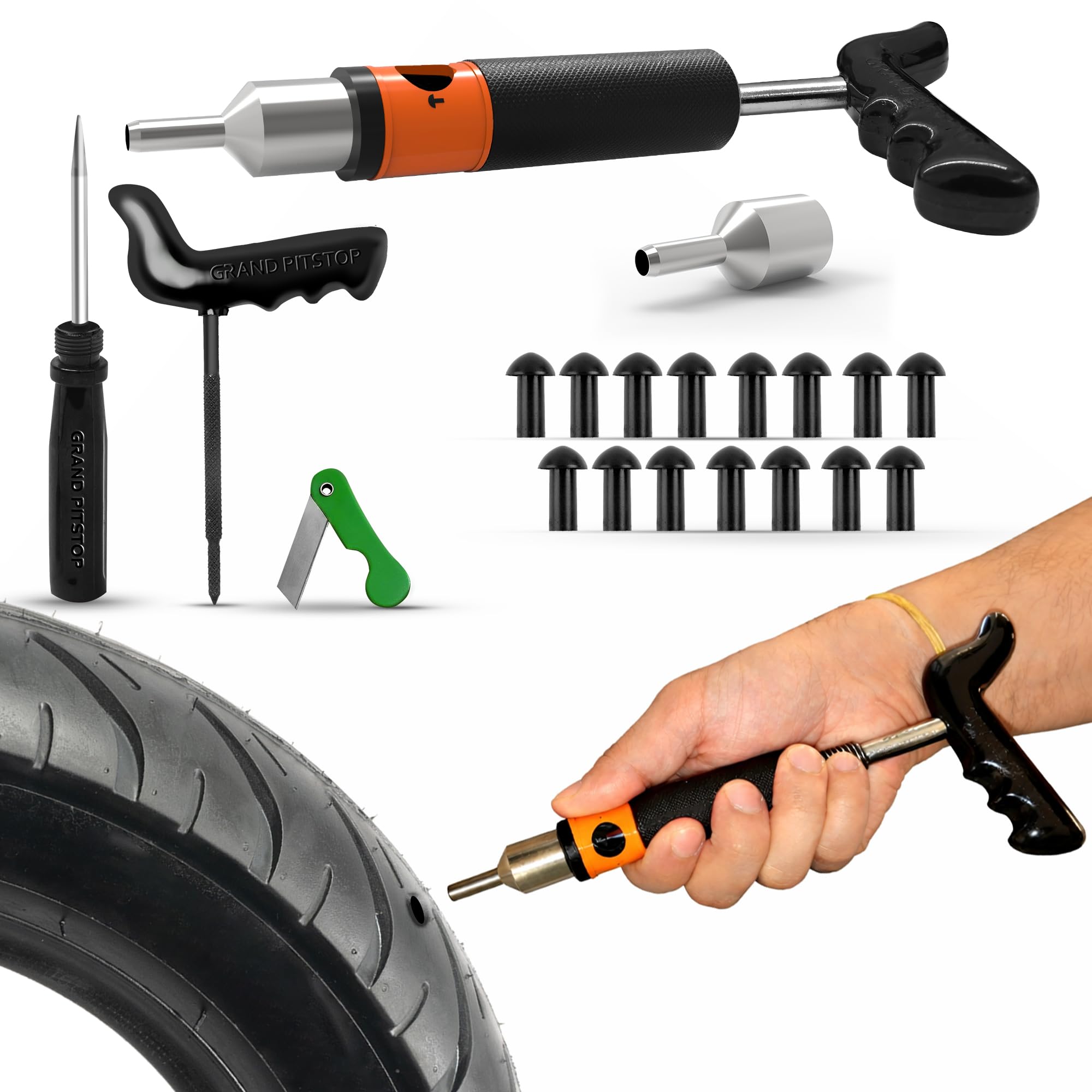 GRAND PITSTOP 21 Pcs Tubeless Tire Plugger Repair Kit with Mini Plug Kit with Hole 15 Plugs
