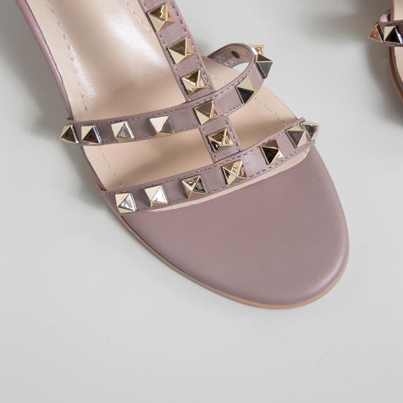 Fashion Women's New Spring/Summer Round Head Genuine Leather Cowhide Metal Rivet High Heel Large Elastic Strap Roman Sandals