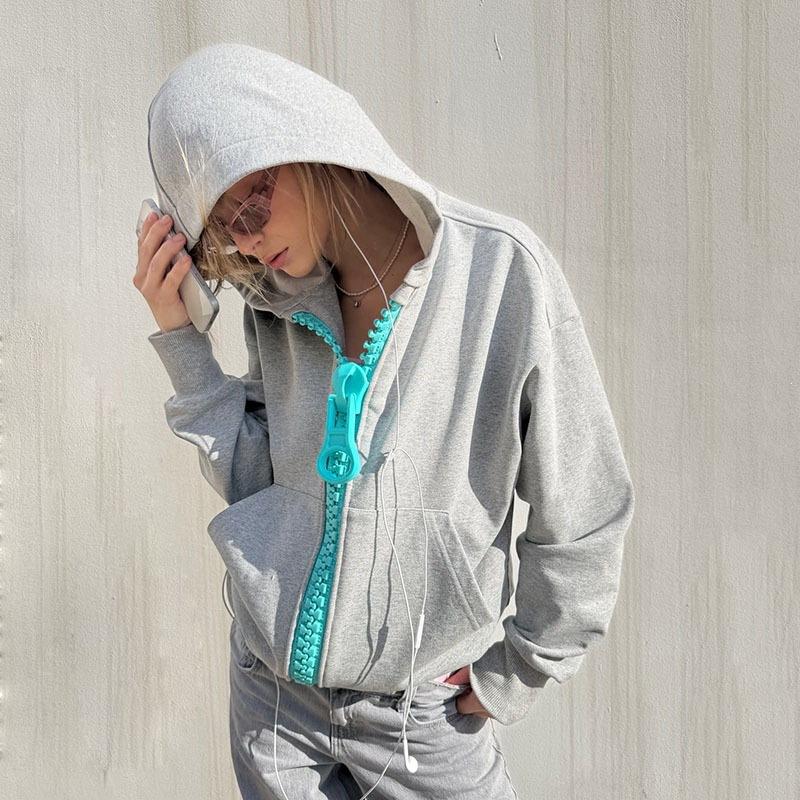 European and American wholesale contrasting colors, large zipper hooded sweater, simple and loose personality, men's and women's coats, cardigans and