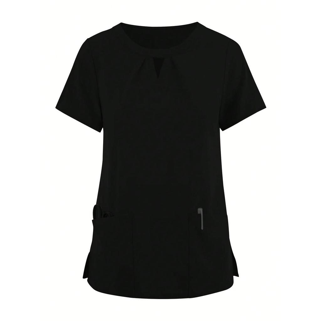 Short Sleeved Solid Color Round Neck Pocket Top Pants Work Clothes Two-Piece Set