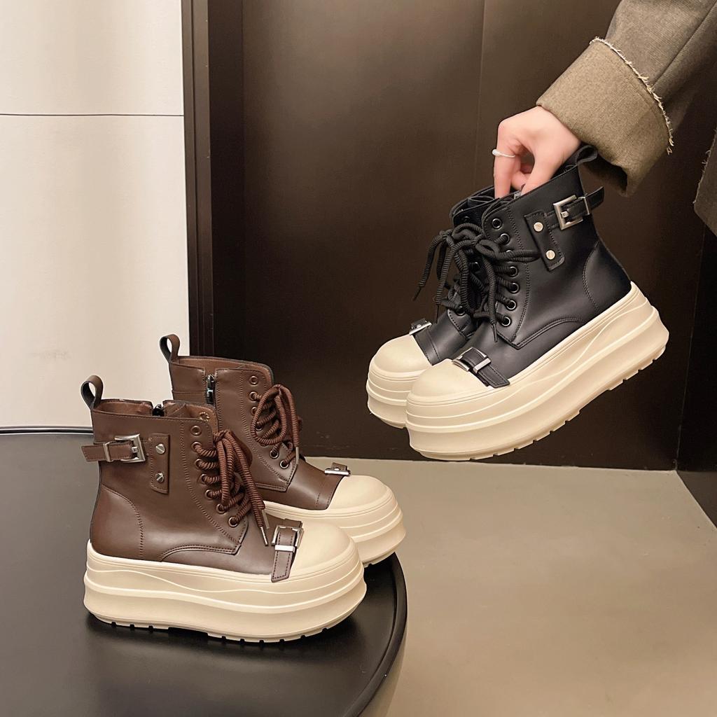 [Fanfna] Muffin Platform Martin Boots Women's 2025 Autumn New British Belt Buckle Small Locomotive Short Boots