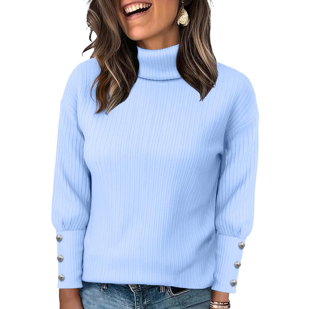 Women's Knitted Solid Color Long Sleeved High Neck Pullover Top