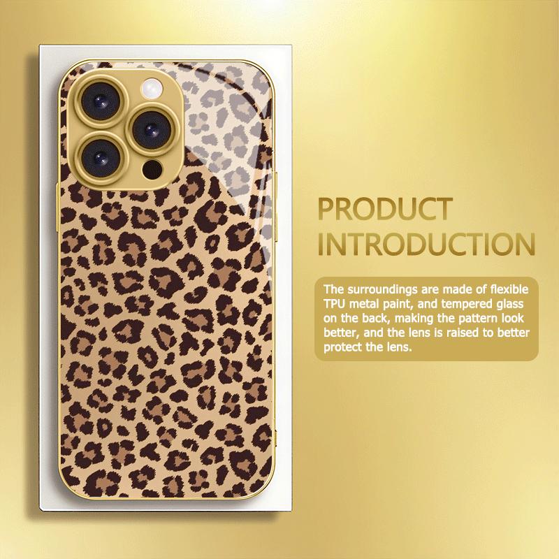 Leopard print metal paint tempered glass phone case suitable for iPhone17 16 15 14 13 12 11Pro Max Plus anti drop and shockproof