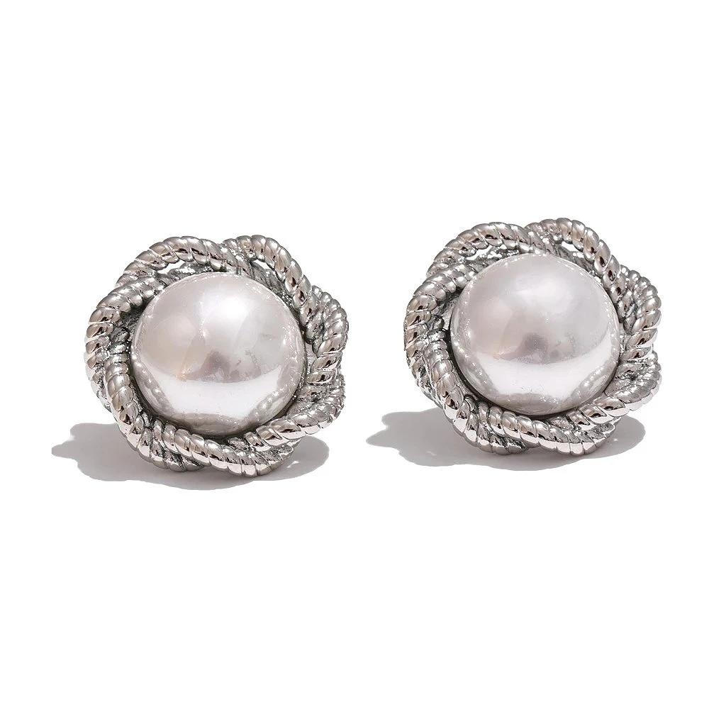 Retro Bezeled Imitation Pearls Screw-Back Dome Stud Earrings Stainless Steel Trendy Simple Charm Jewelry for Women Gift