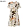 ZANZEA Women Casual V-Neck Short Sleeve Loose Print Dress