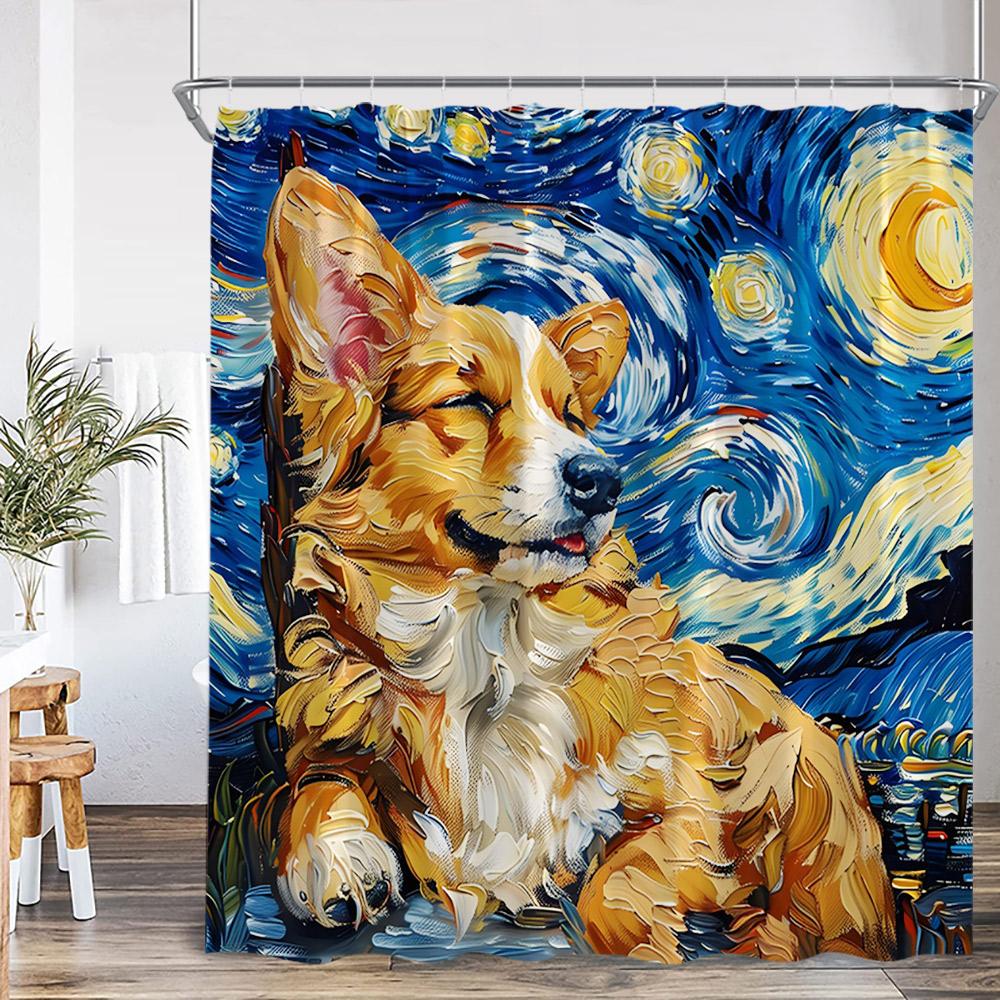 Funny Animals Shower Curtain Cat Riding Shark Corgi Dog Cartoon Children Bathroom Curtain Kids Polyester Bath Decor with Hooks