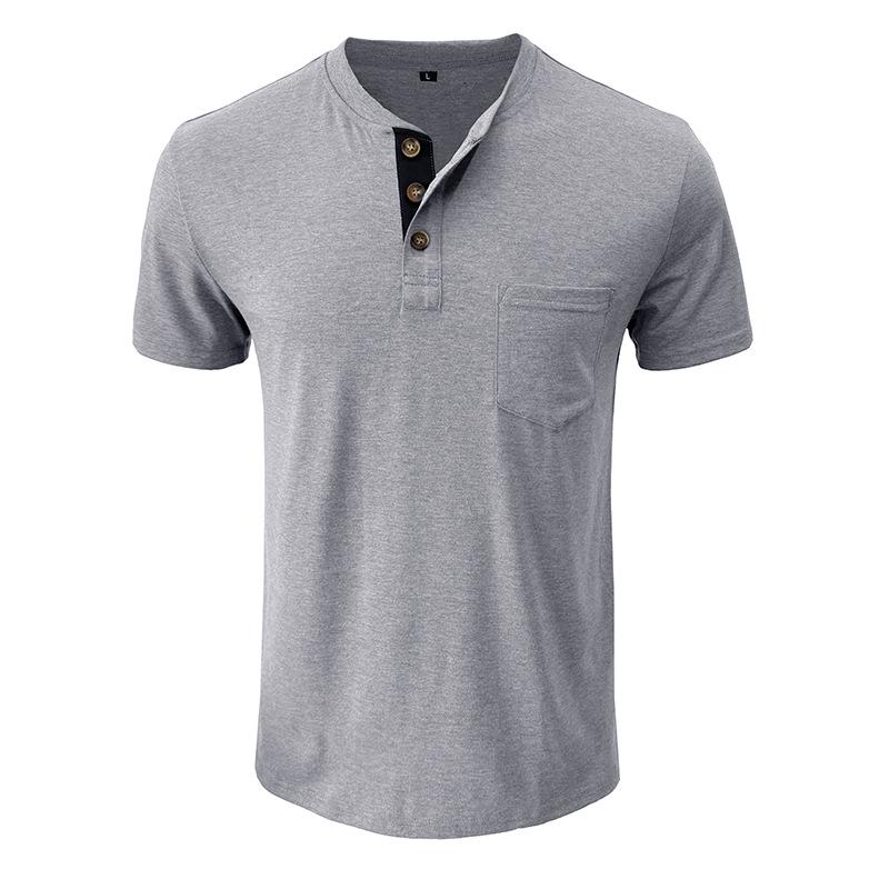 2024 Summer Men's Henley Short Sleeve T-shirt - European & American Style Crew Neck