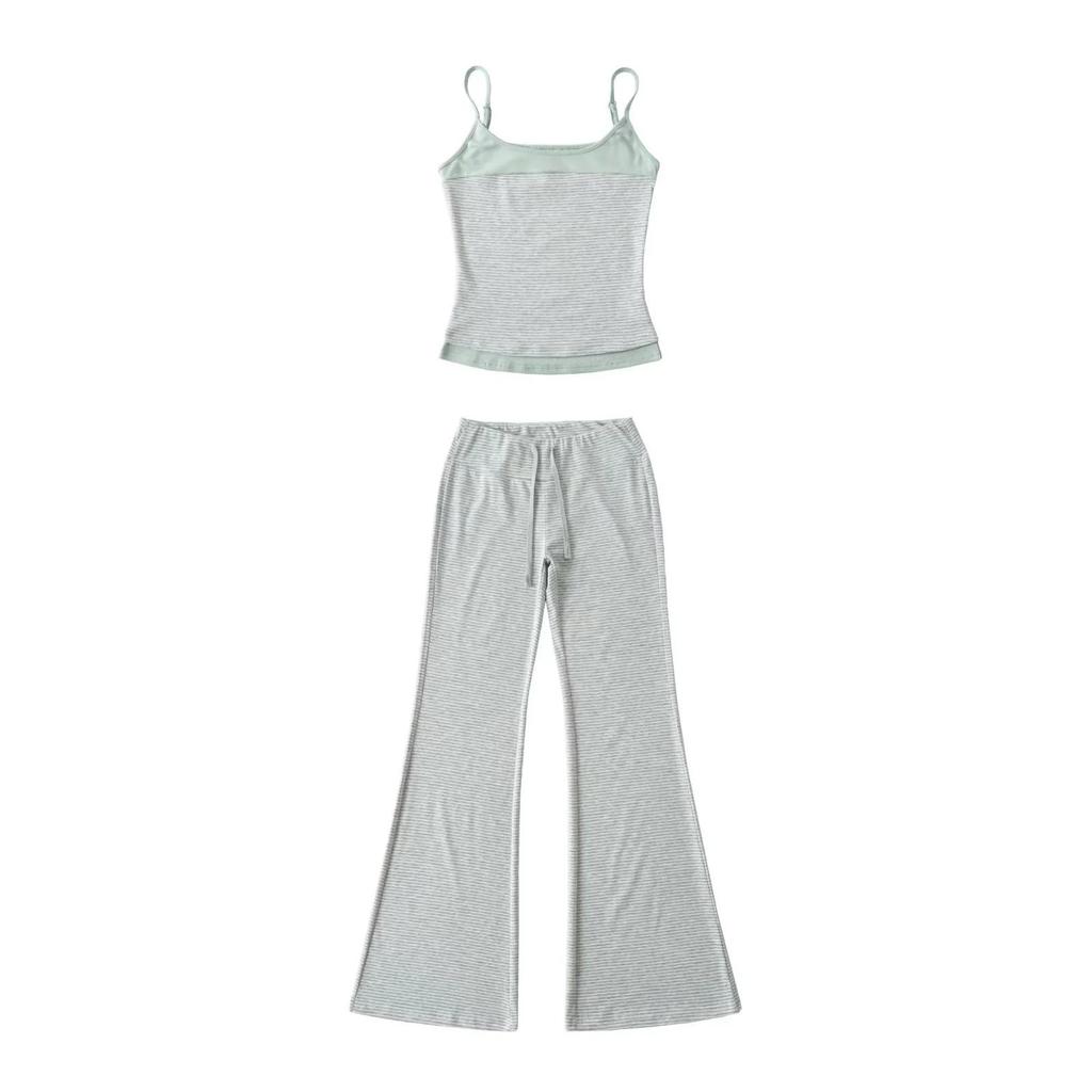 Koreanisches Farbblock-Streifen-Camisole & Hose mit Kordelzug und Schlag