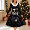 Women Halloween Skeleton Print Midi Dress, Long Sleeve V‑Neck Furry Trim A‑Line Party Dress, Christmas Limited Edition
