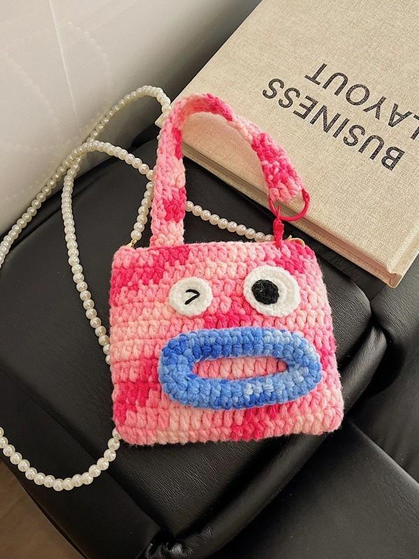 Knitted Cartoon Panda Shaped Coin Purse With Pearl Embellishments For Daily Use