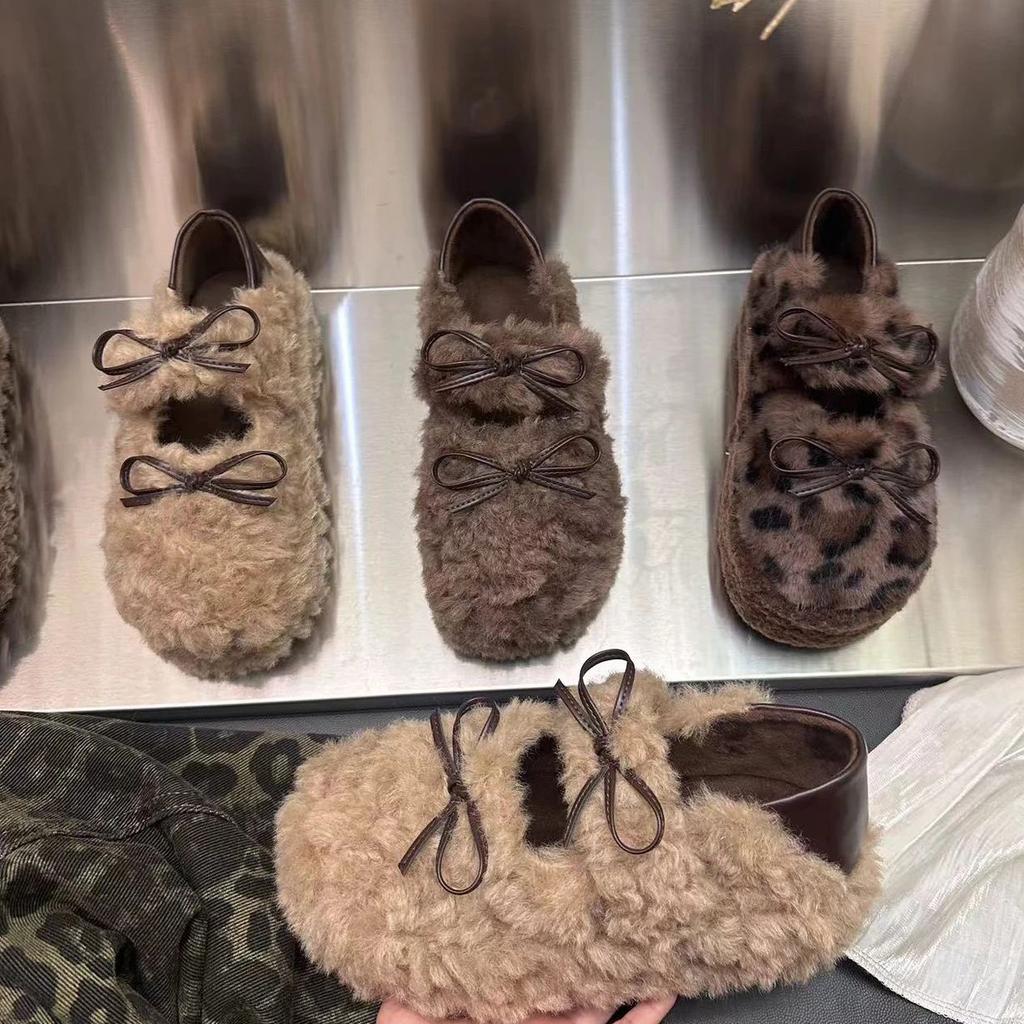 Casual single shoes women's 2025 autumn and winter new soft-soled suede warm Korean version comfortable bow two wear Mao Mao shoes