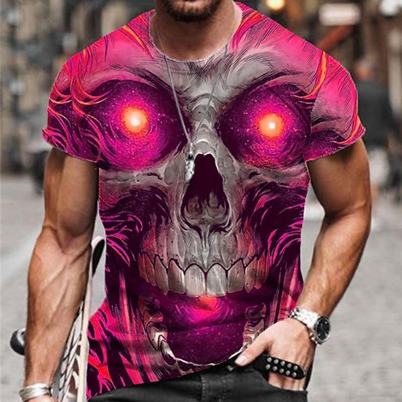 Men s Halloween sports T-shirt  neutral skull print round neck short sleeved casual, comfortable and fashionable top S