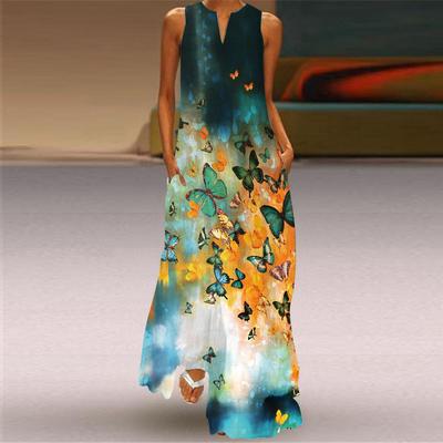 Sommer neues Retro-Print-Langkleid V-Ausschnitt mehrfarbig lang sexy ärmelloses Kleid