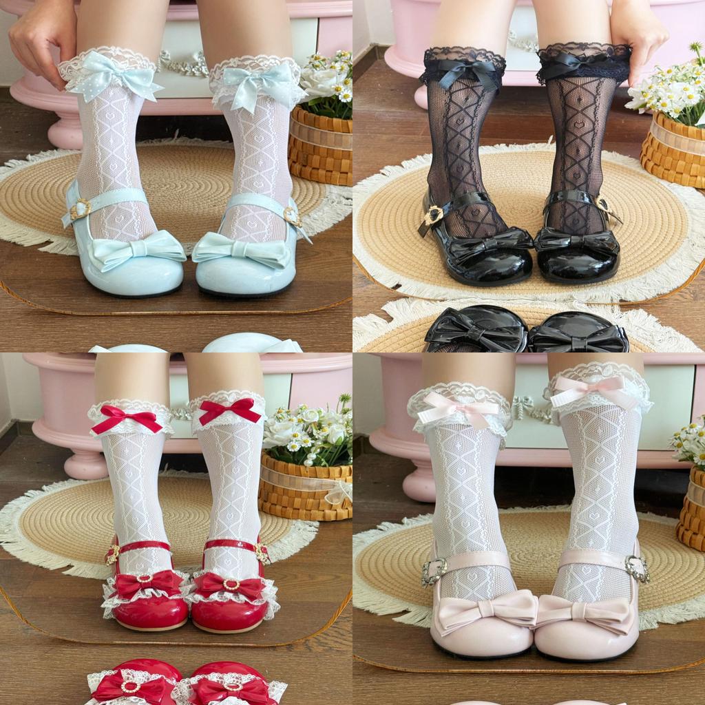Lolita Lace Trim Mid Calf Socks With Bow For Girls Summer Fashion
