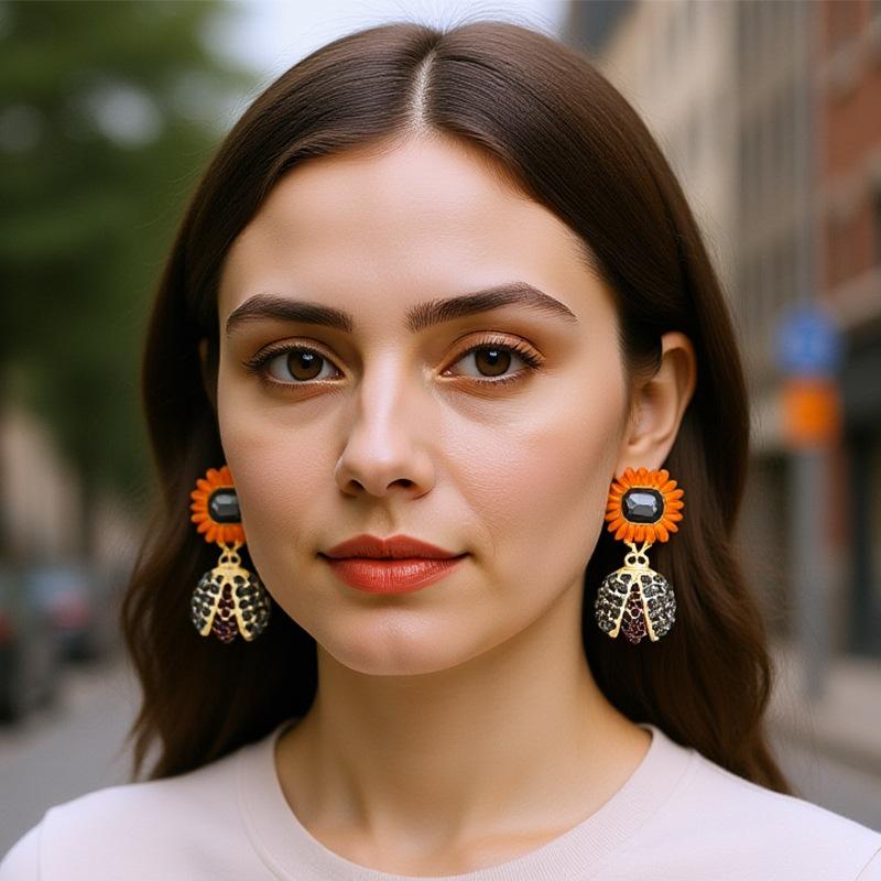 Bee Sunflower Vacation Wind Earrings Animal Diamond Exaggerated Color Daily Pass Earrings