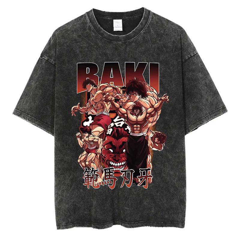 Anime Baki Washed Tshirt Harajuku Summer Cotton Short Sleeve Oversize Tees Vintage Streetwear Baki Hanma Print T-Shirt