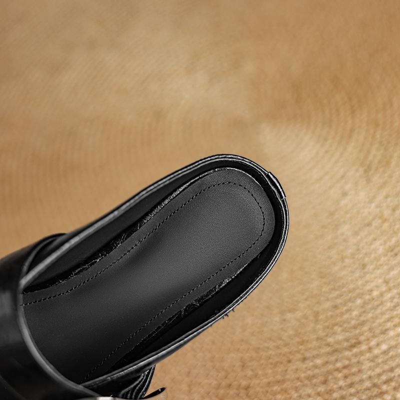 Fashion Women's New Spring and Summer Round Headed Genuine Leather Cowhide Hollow Out Breathable Low Heel Hooded Mueller Slippers