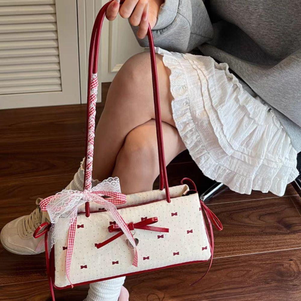 Ribbon Bow Lace Shoulder Bag Sweet Y2K Underarm Bag Portable Armpit Bag  School