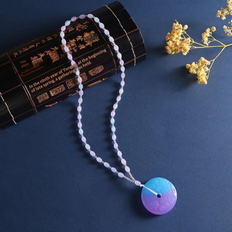 Amber Beeswax Gradient Purple-Blue Necklace Water Drop Flowers Pendent Necklace For Women Unisex Beaded Pendant Ornaments Gift