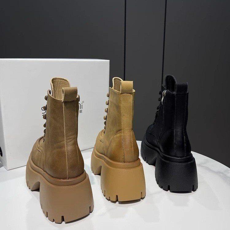 Kurzstiefel Fleece Schnürung Damenstiefel Runde Spitze Plateau Martin Boots Damen Jahres Britischer Stil Schwarz