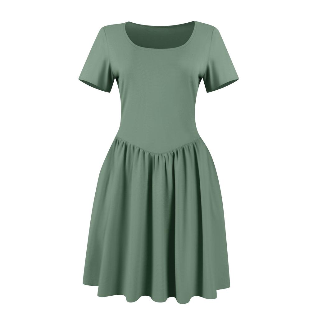 Women's Summer Casual Short Sleeve Dress U Neck A Line Pleated Swing Dresses Basic Short Dress With Pockets