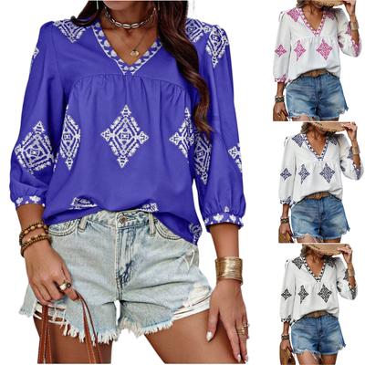 Women's Fashion V-neck Bohemian Print Cropped Sleeve Shirt Top