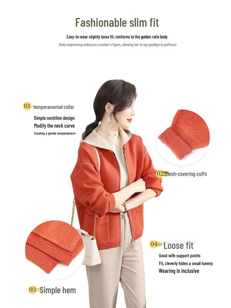2024 Spring & Autumn Knitted Hooded Cardigan for Middle-Aged & Elderly Women