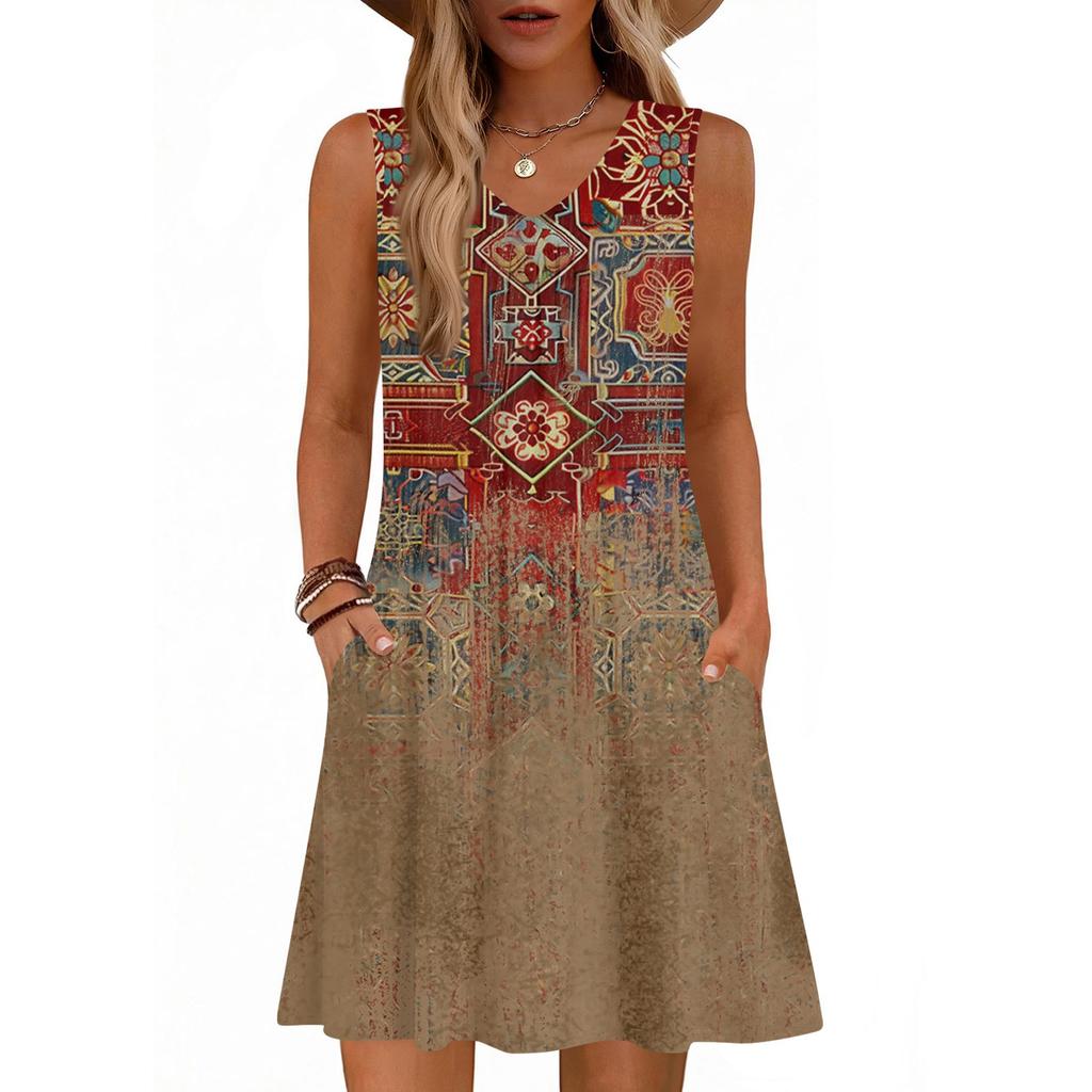 Women's Fashion Printed Summer Sleeveless V-neck Tank Top Pocket Casual Loose Dress