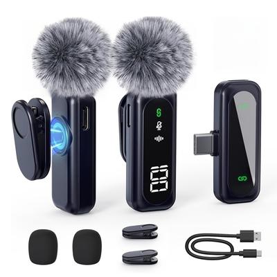 High qualityProfessional Wireless Lavalier Microphone with Digital Battery Display, Feather Windshield, 360° Omnidirectional, USB-C Connector, 100ft