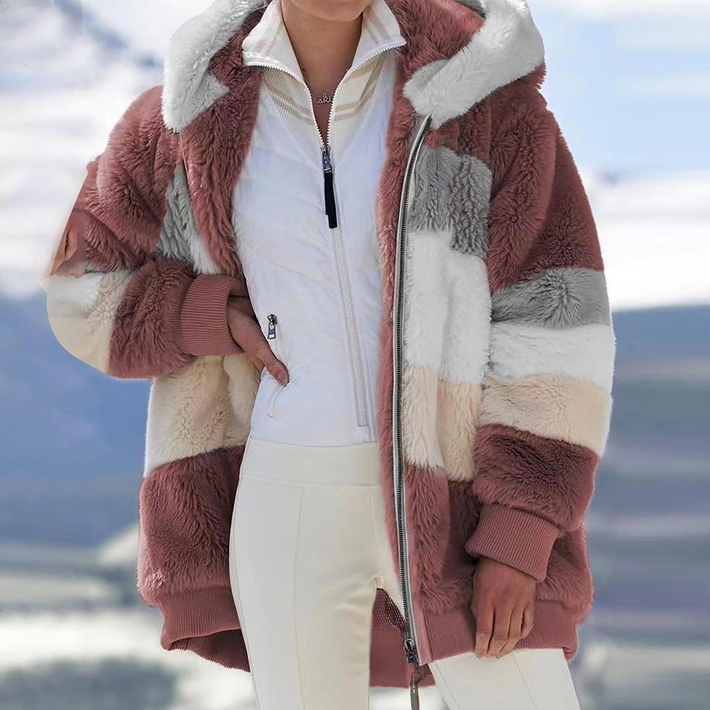 Manteau à capuche pour femmes, mode épissage, ample, peluche, manches longues, fermeture éclair, poche, hiver